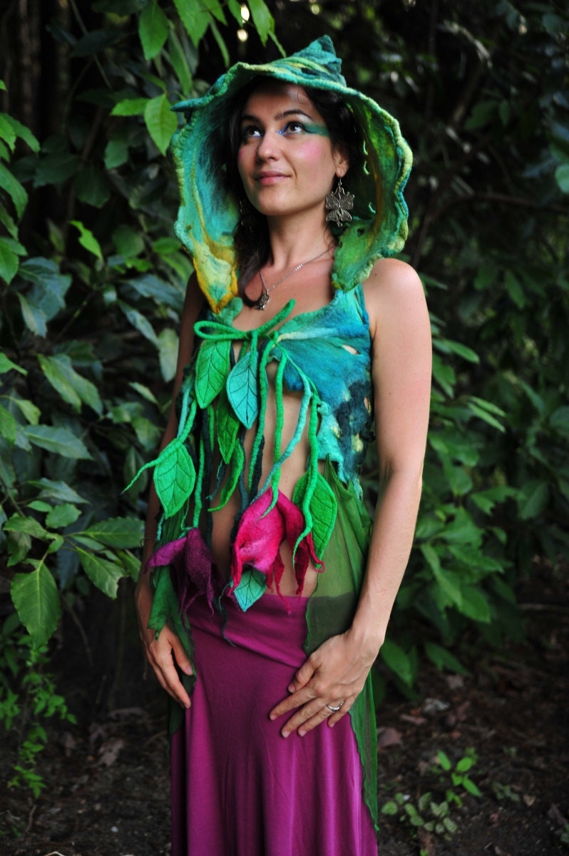 Nuno Felted Melted Garden Fairy Leaf Vines And flowers Silk Chiffon Train Pixie Hooded Vest OOAK