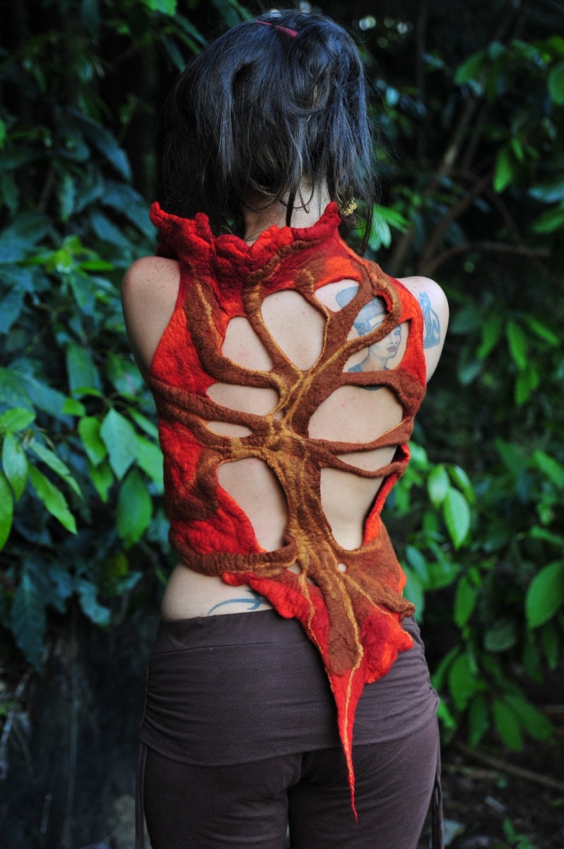 Felt Melted Autumn Open Back Tree of Shadows Orange Sunset High Collar Pixie Vest  OOAK