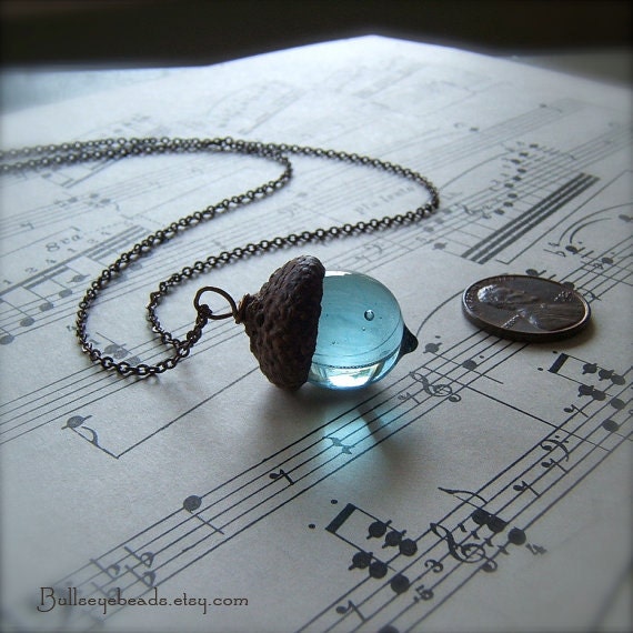 Glass Acorn Necklace by Bullseyebeads - March Birthstone Aquamarine