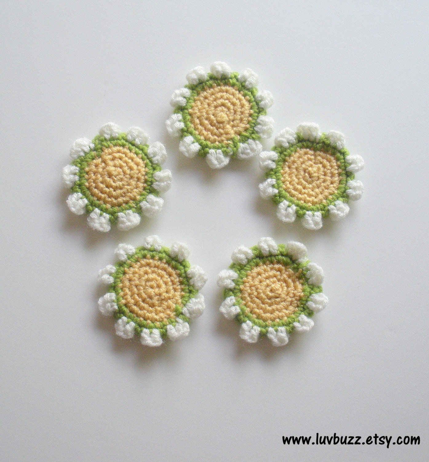 Crochet Marigold Flower Appliques, set of five, ready to ship.