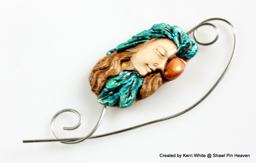 Shawl Pin or Scarf Pin - Sculpted Windows Native American Feather Maiden
