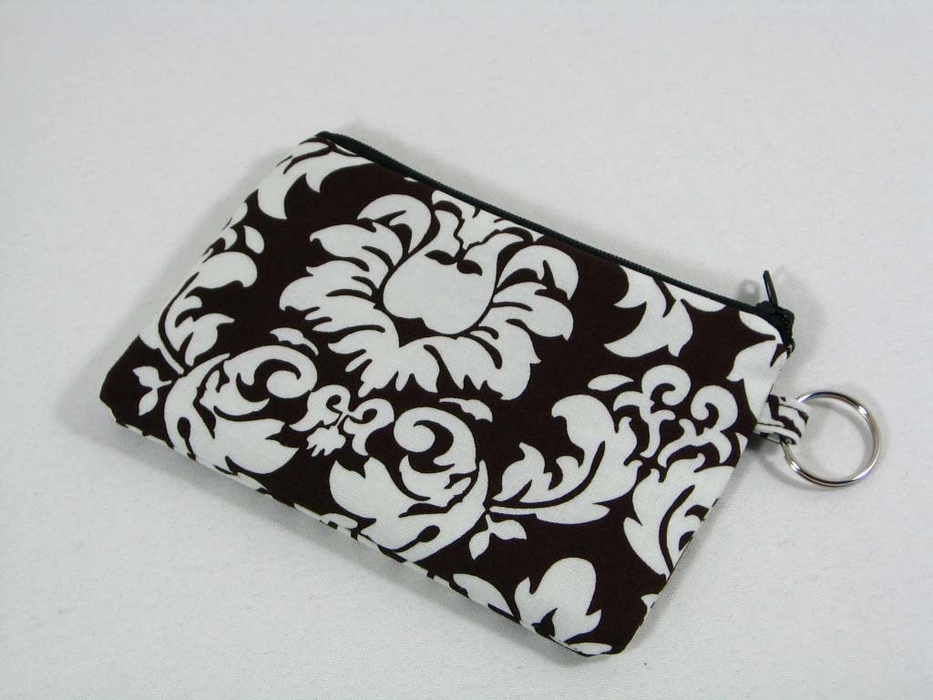 Brown damask coin purse zipper pouch iPod holder with key ring - dark brown Dandy Damask