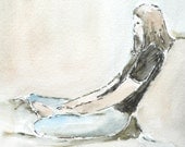 original ink and watercolor painting of a woman sitting quietly contemplating and reflecting