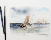 original watercolor painting of yacht sailing boats at sea