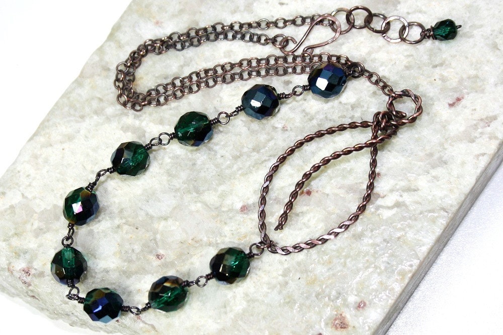 Emerald Green, Antique Copper, Leaf, Nature, Spring, Wire Wrapped Necklace