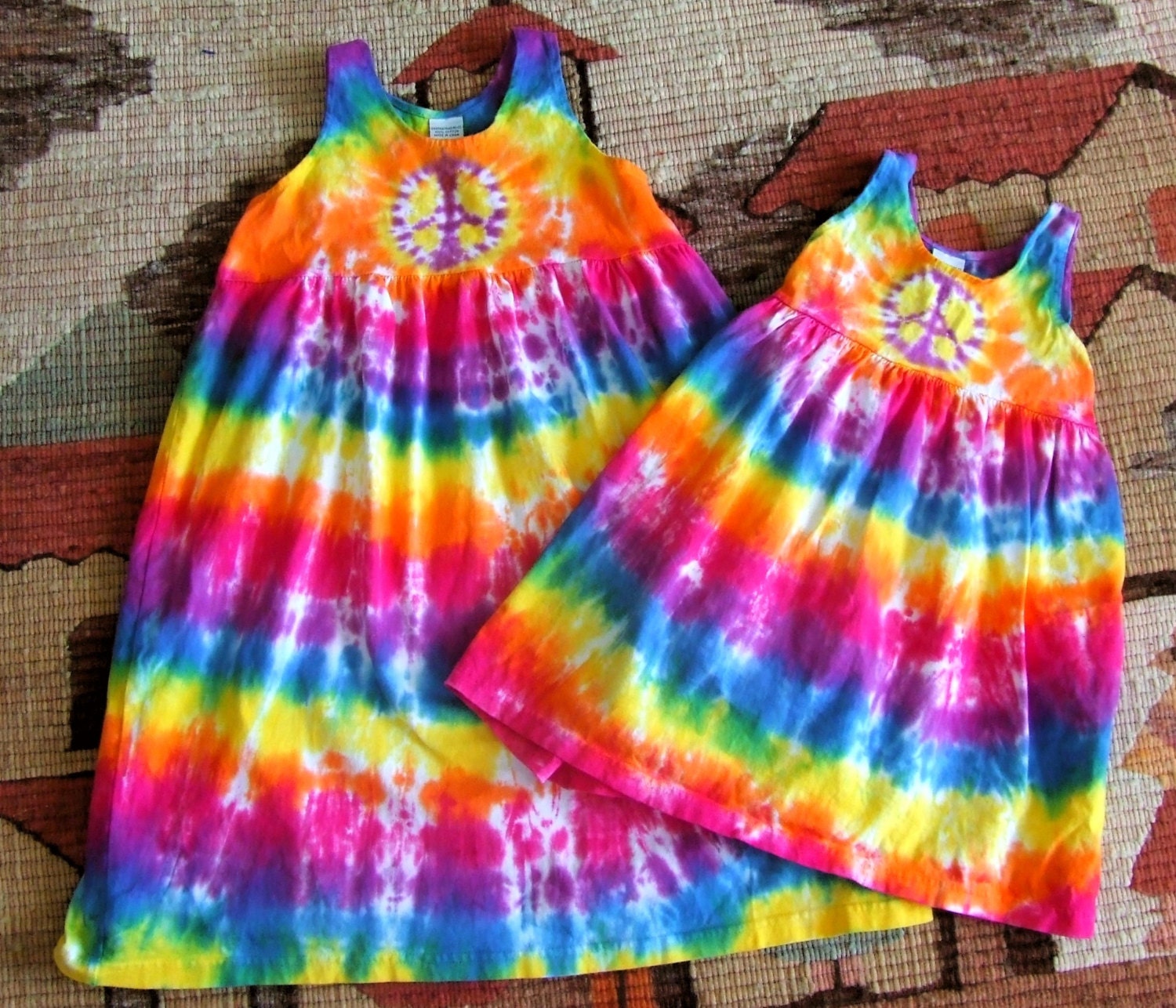 Girls Tie Dye Cotton Tank Dress - Empire Waist - Toddler or Youth Size - Rainbow Peace Sign - Made to Order
