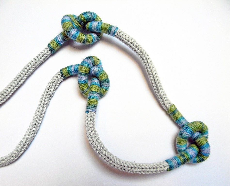 Yarn necklace, knot necklace. Grey pearl, pale blue, green, turquoise cotton necklace. Yarn jewelry.