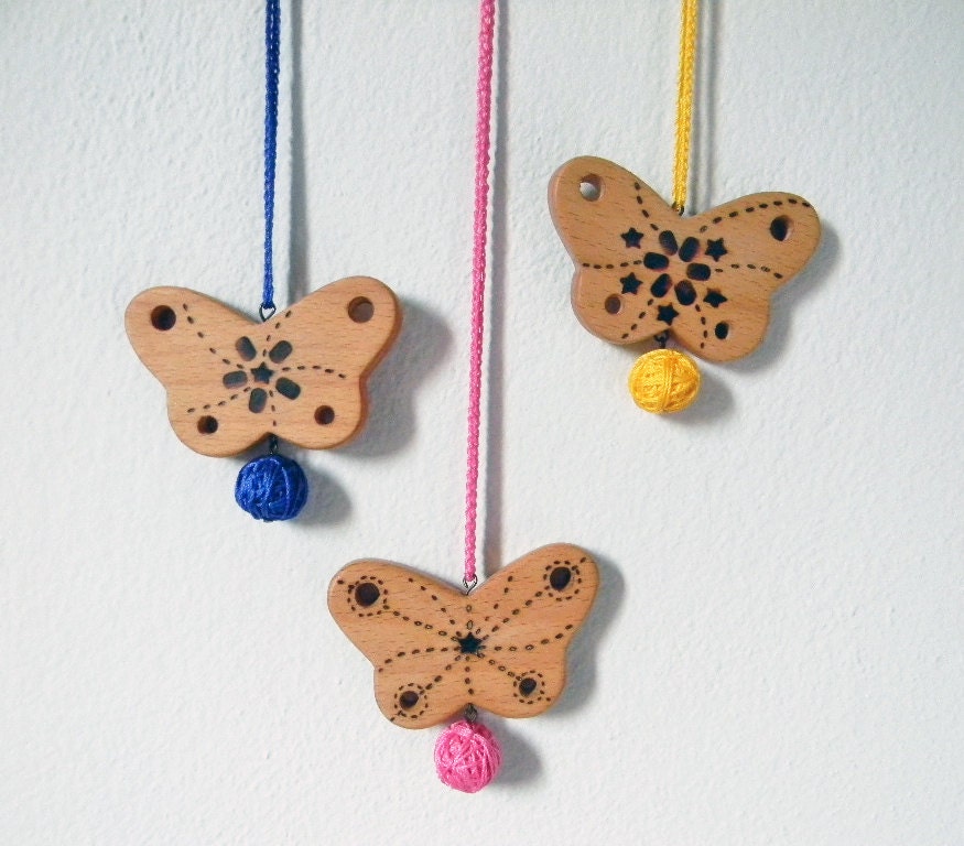 Wood and thread pendant. Butterfly pendant necklace. Pick your color. Yellow, fuchsia, peacock blue.