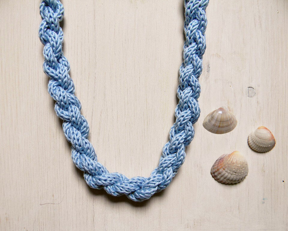 Braid necklace. Statement necklace, pale blue. Yarn jewelry.