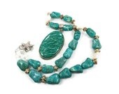 Amazonite & Pearl Necklace - Sterling Silver Pendant - Beaded - InVintageHeaven