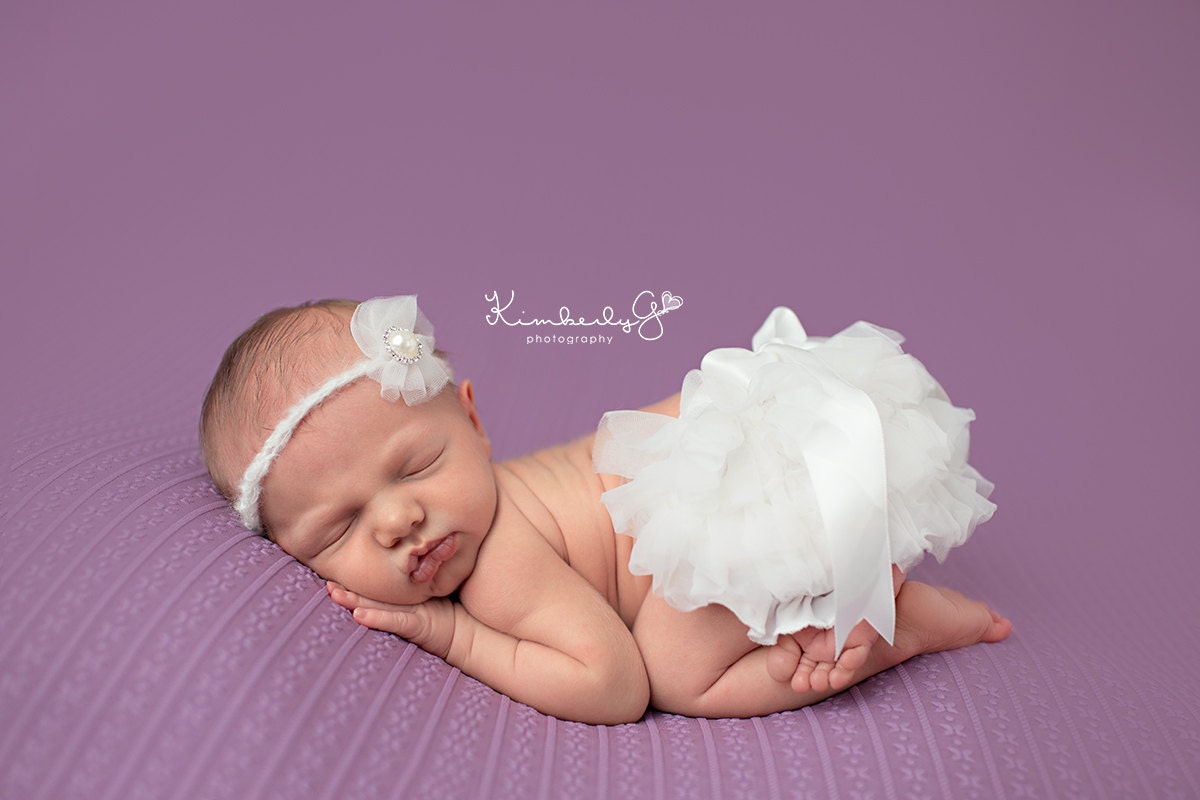 Chalk Ivory Chiffon Diaper Cover Newborn Photography Props with Matching Headband 0-3 Months - Newborn Photo Props, Bloomers, Baby Props