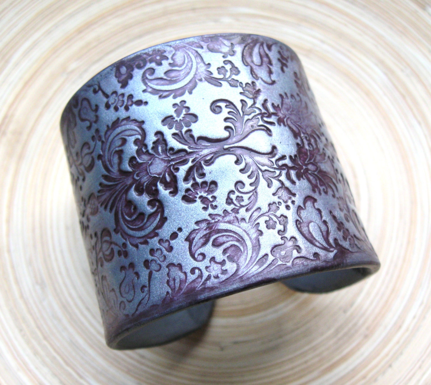 Deep Burgundy Wine Brocade Damask on Silver Cuff Bracelet, Handmade Jewelry by theshagbag on Etsy