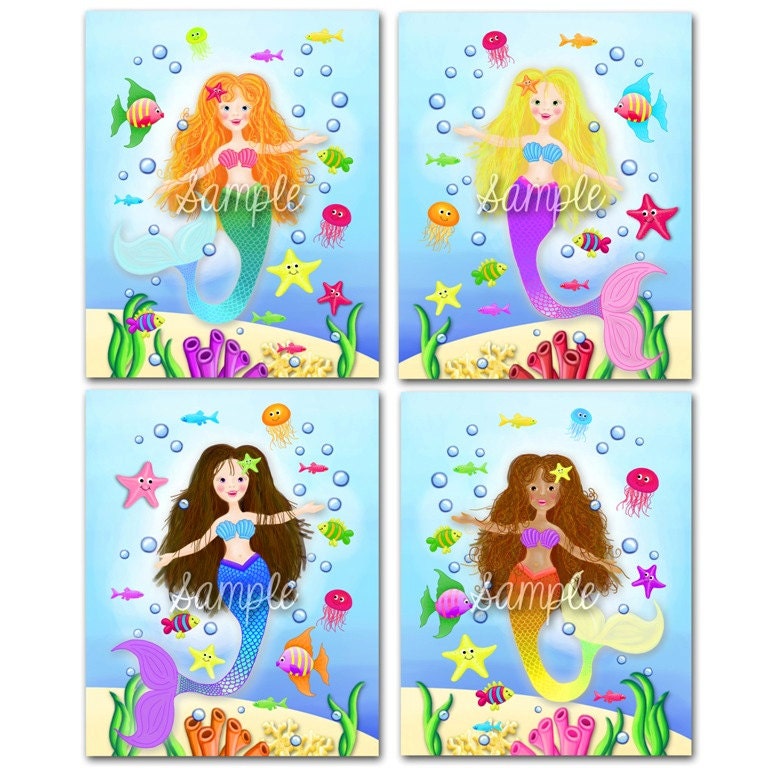 Set of 4 Mermaid Magic Girls Baby Nursery Kids Bedroom 8 x 10 Wall Art Prints