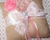 Ring Bearer Pillow - Shabby Chic Burlap, Rustic Ring Pillow, Coral, Tan and Ivory, Lace, Bow, custom colors
