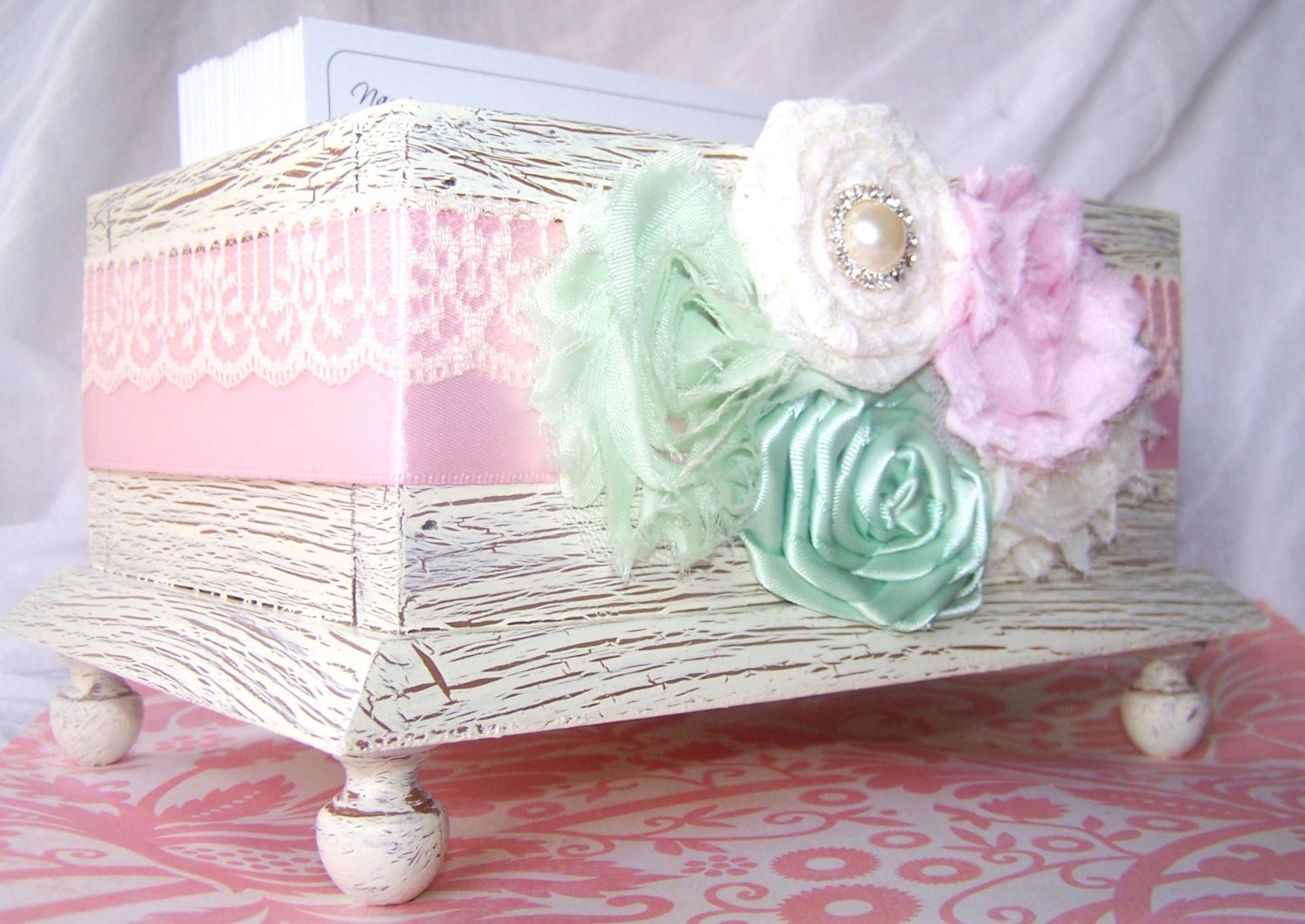 Wedding Guest Book Box - Blush Pink and Mint Green, Super Shabby Chic Basic style -  Ivory Lace Shabby Chic Box, Custom colors available