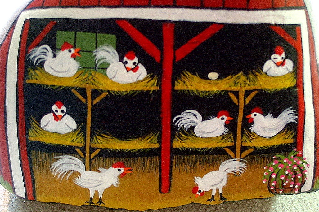 1909 Red barn chicken coop, numbered in a series, collectible Americana, fine art, holstein cow, white leghorn hens, hand painted rocks