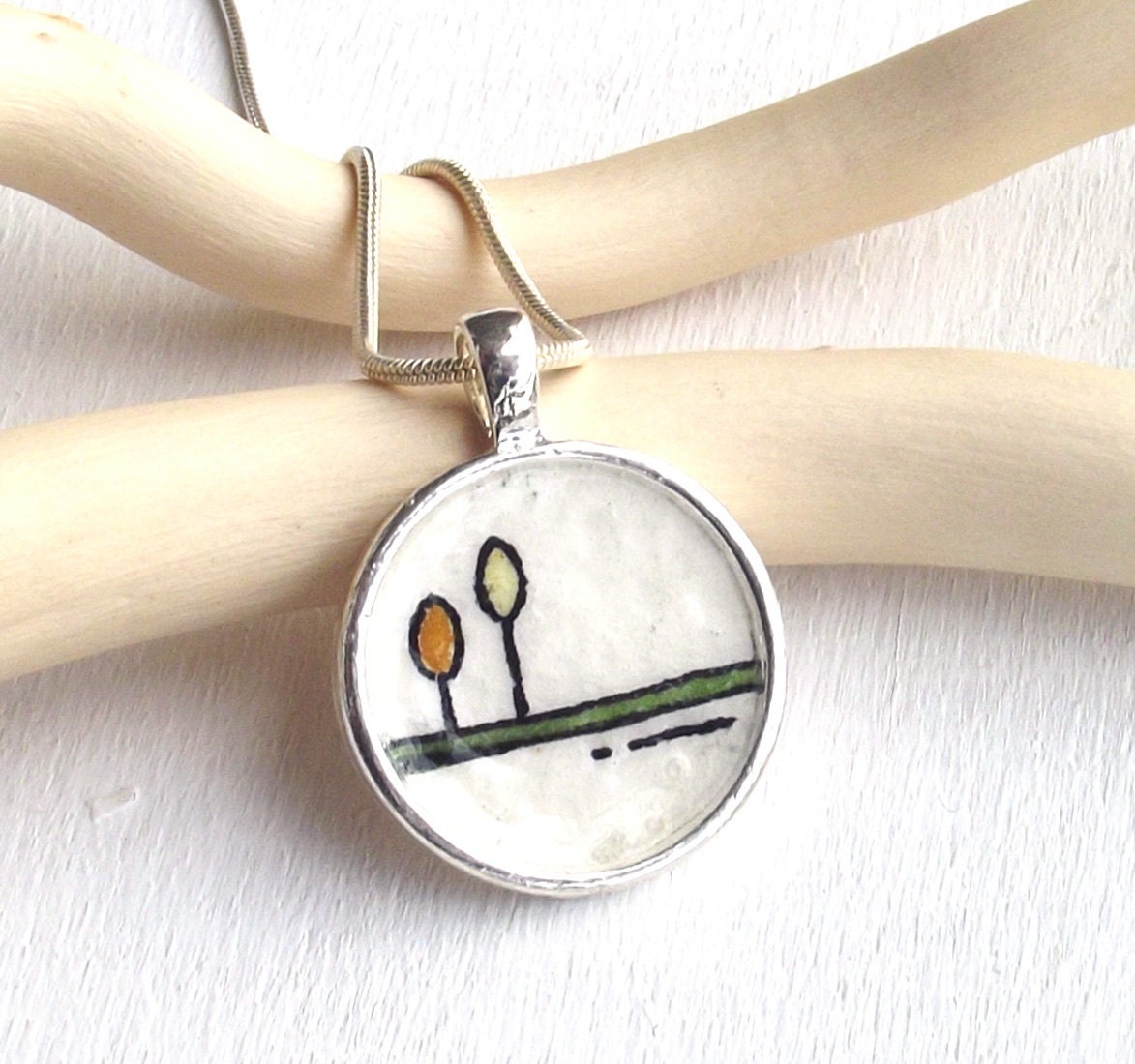 Two tulips - original handpainted art pendant,  watercolor, miniature, necklace, OOAK