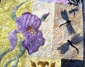 Fiber art quilt - Appliqued Iris, Butterfly and dragonflies,  Oh My