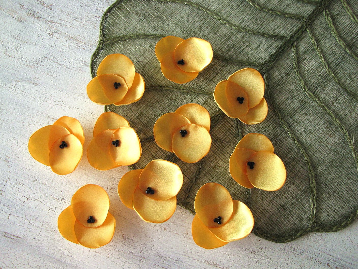 Fabric flowers- Hydrangea Blossoms-Handmade satin sew on flower appliques (10 pcs)- BRIGHT YELLOW
