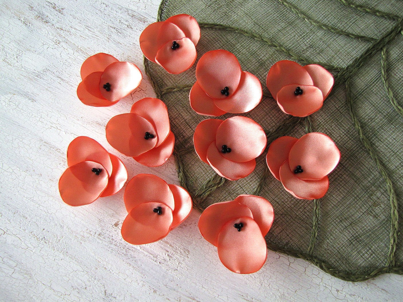 Hydrangea Blossoms- Handmade satin sew on flower appliques, floral embellishments, flowers for crafts (10 pcs)- PEACH PINK