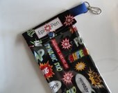 EpiPen Pouch 4x8 Holds 2 Adult or Jr. Allergy Injector Pens  w/ Clear Pocket and Clip - Superhero Words on Black Fabric