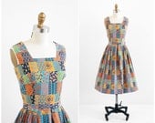 vintage 1950s dress / 50s dress / Blue and Orange Patchwork Print Blouse and Skirt Set