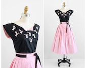vintage 1950s dress / 1940s dress / Black and Pink Polished Cotton Top and Skirt Set
