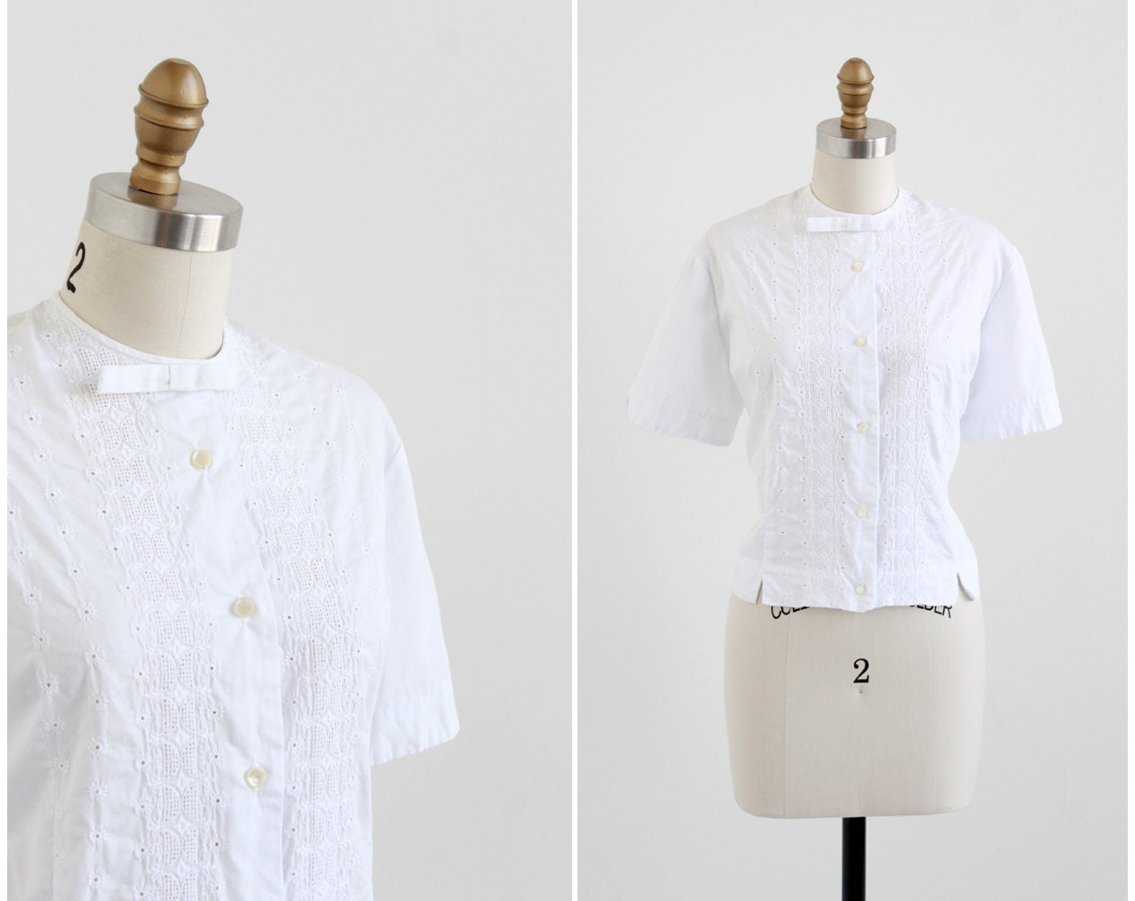 vintage 1950s plus size blouse / 50s plus size blouse / White Cotton Eyelet Pin Up Blouse