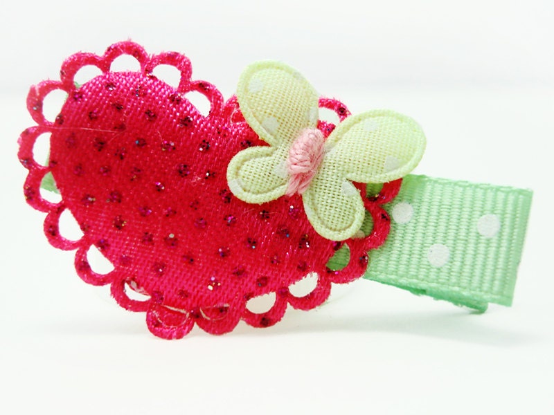 Sparkly dots heart with butterfly hair clip - no slip clip (Shocking pink-light green)