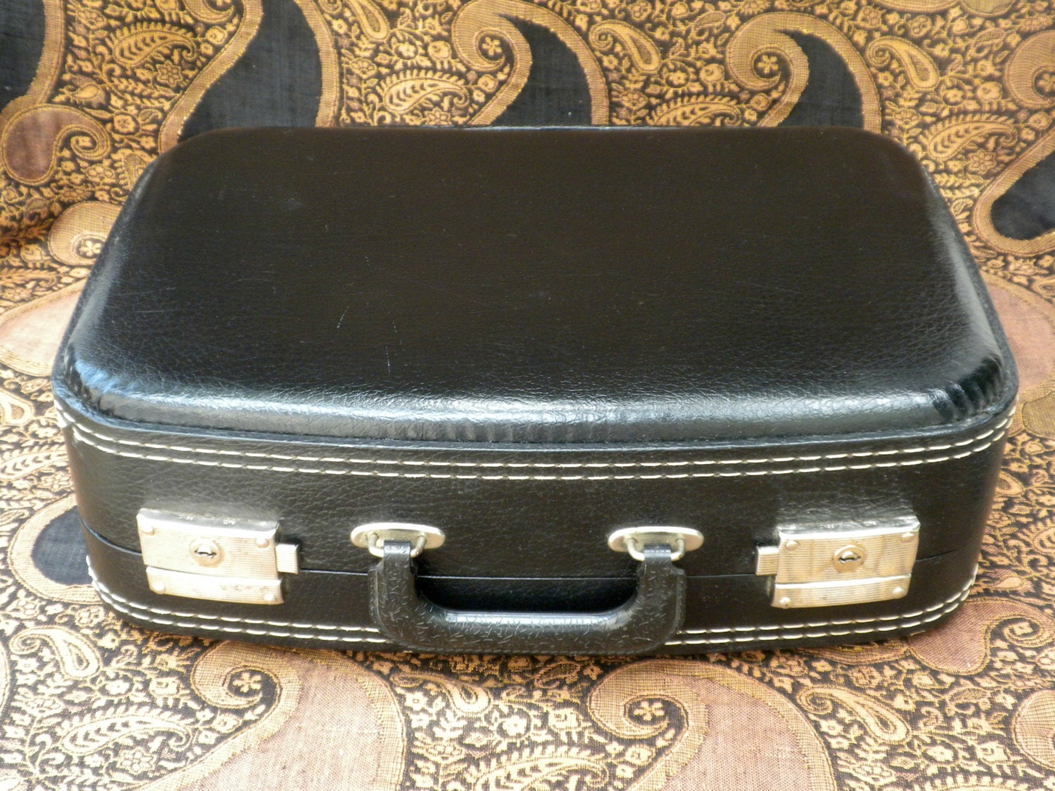 small vintage suitcase, black, small overnight case, storage case vinyl with stitching