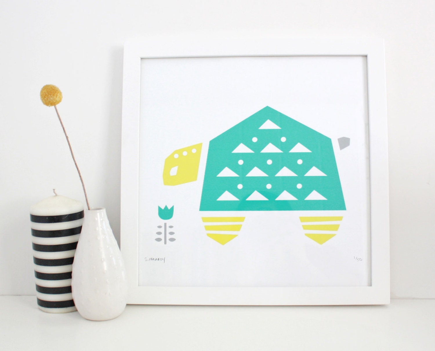 Square Print, Turtle, Yellow, Teal Blue, Nursery Art