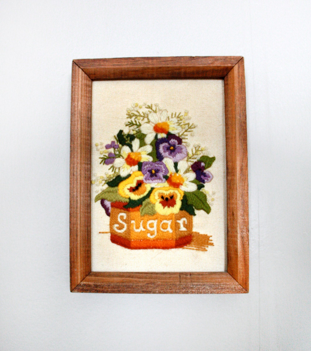 Vintage Pansies in a Sugar Bowl Crewel Embroidery Wall Hanging in Wood Frame 1970s Decor