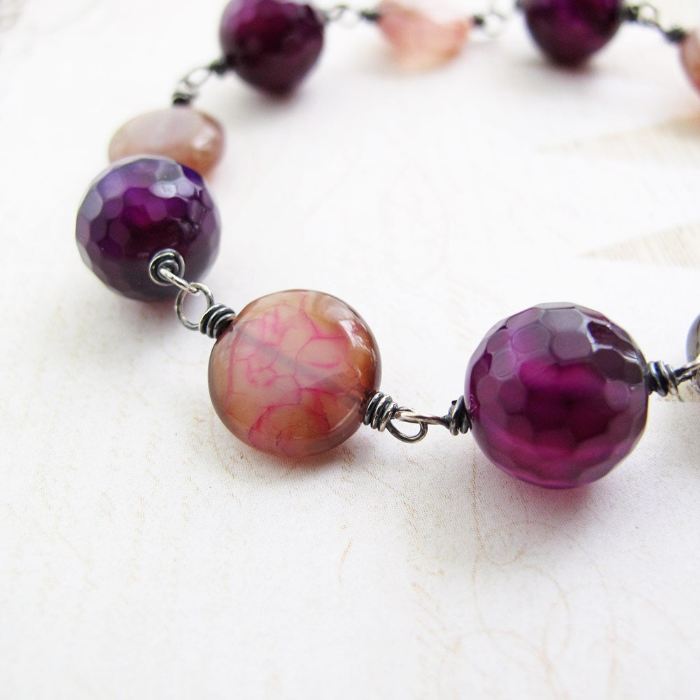 Stone Bead Bracelet, Pink and Purple Agate, Wire-wrapped Sterling Silver