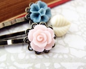 Flower Bobby Pin Set, Slate, Blush and Cream, Antiqued Brass