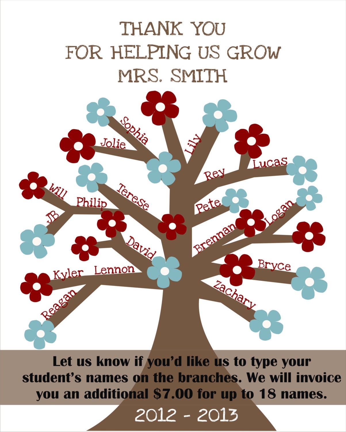 Personalized Teacher Appreciation Tree - 8x10 Print (YEAR UPDATED TO 2012-2013)