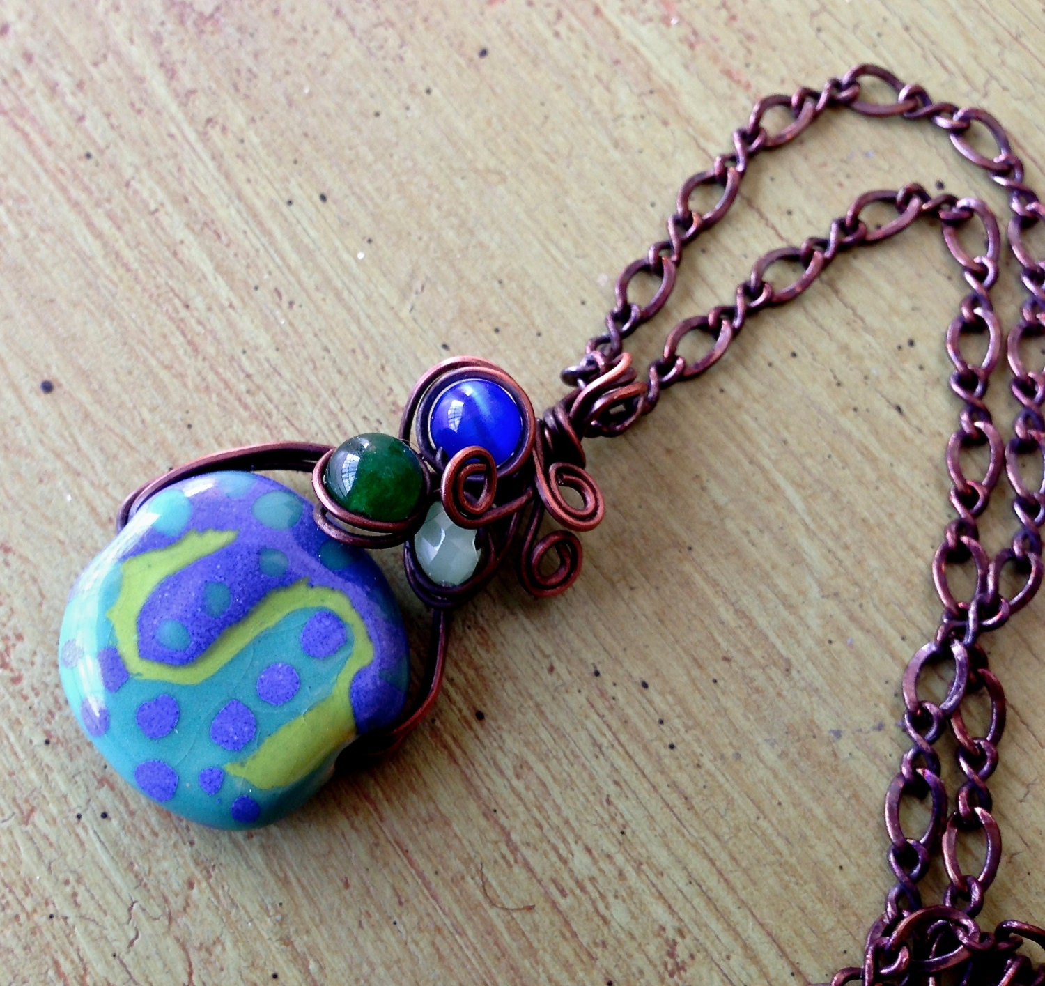 Colorado Sky Necklace//Cobalt Blue & Lime Green Necklace//Wire wrapped//Patina Copper//Kazuri Bead//Teal Jewelry
