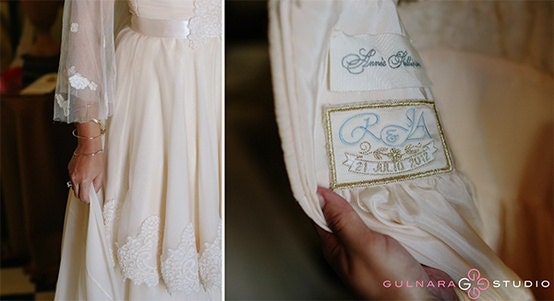 Custom Embroidered Wedding Dress Label French Silk Satin, Light blue with Gold Thread