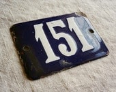 vintage enamel house number 151, white number on navy, from the Netherlands