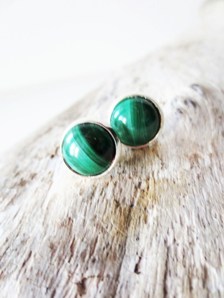 Malachite green stud earrings.  Silver bezel set post earrings.