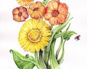 Mixed Media Watercolor Original Flower Sunflower Garden Ladybug Painting by Paintingbliss
