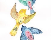 Mixed Media Watercolor Print Three Little Birds Painting by Paintingbliss