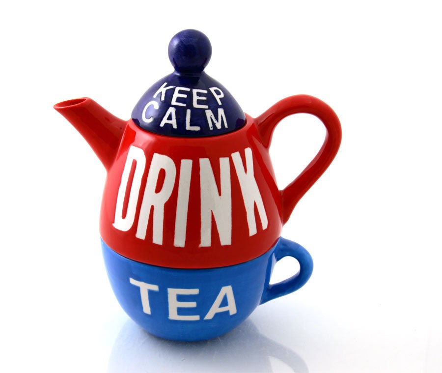 Keep calm drink tea, tea for one, teapot and cup set in patriotic red white and blue