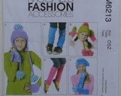 McCalls 6213 Sewing Pattern Children's Girls' Leg Warmers, Hats, Scarves, Fingerless Gloves, Mittens Size S, M, L  UNCUT