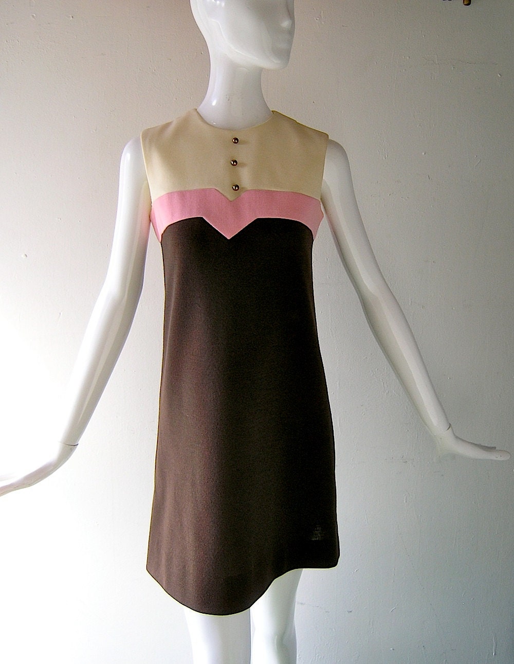 60s Kelly Arden mod mini dress - Mad Men Megan - size 0/2 or S - brown and pink knit