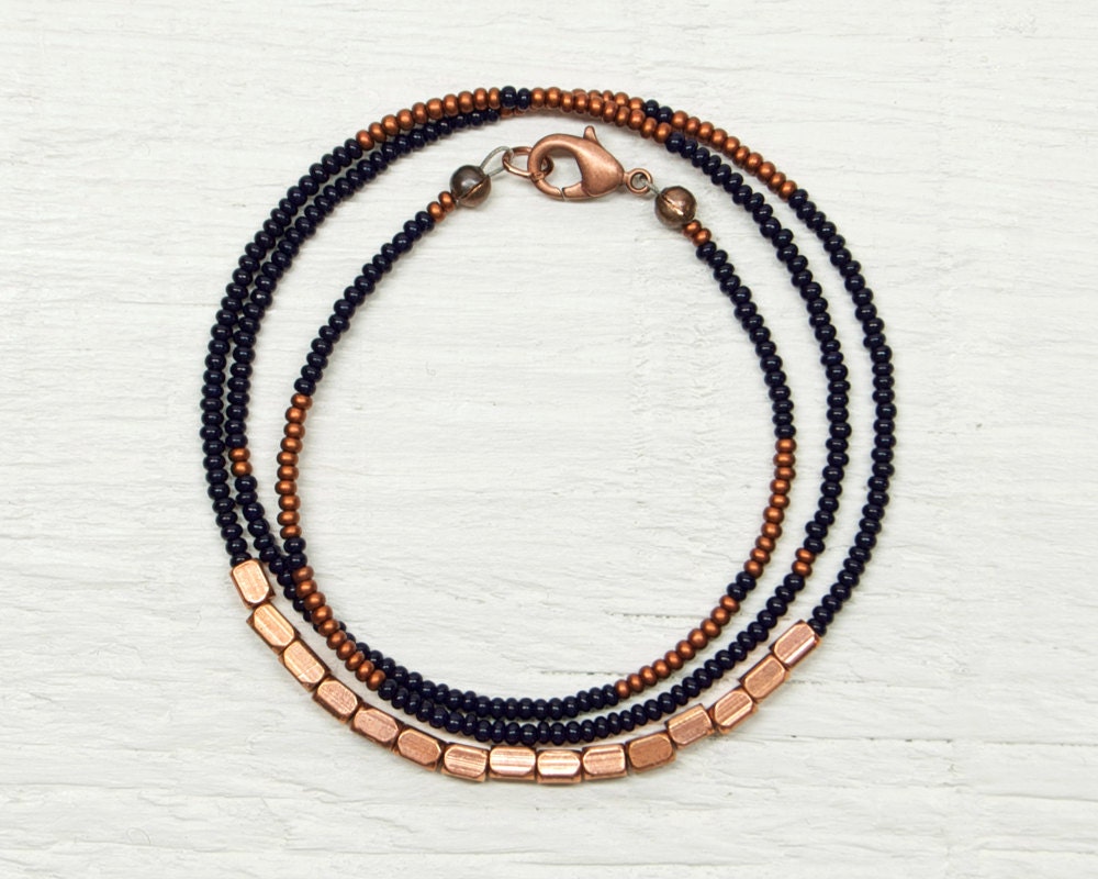 Minimal Seed Bead Necklace // Navy Blue and Copper // Everyday Collection
