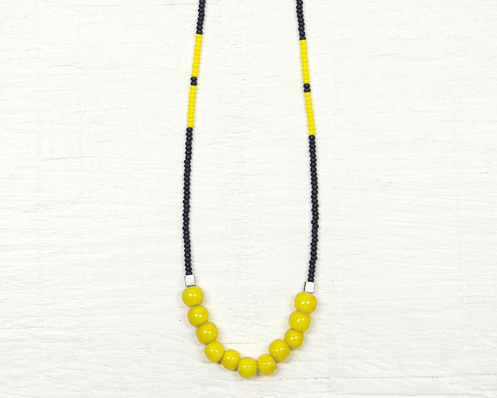 Seed Bead Necklace // Navy Blue and Yellow // African Trade Beads // Parker no1