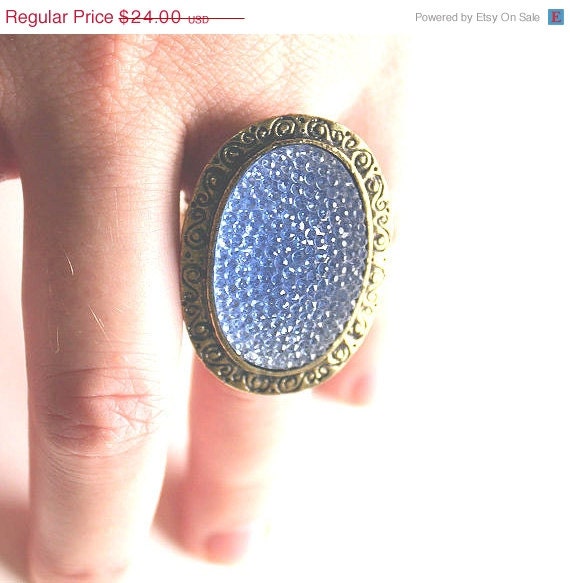 ON SALE Aged bronze and sky blue resin oval cabochon adjustable ring