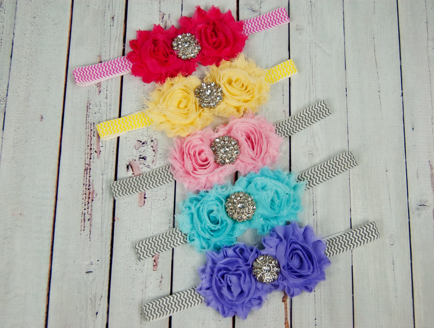 Rhinestone Shabby Flower Elastic Chevron Headband Set