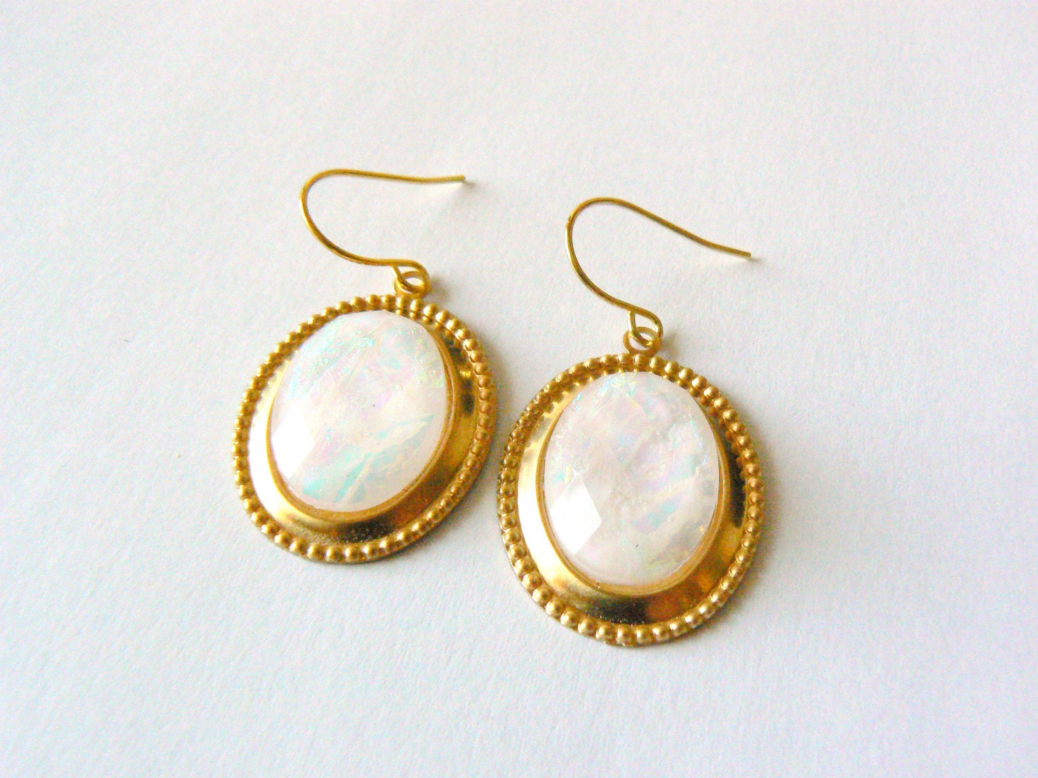 Gold opal earrings, white opal jewelry, wedding jewelry, bridal earrings, birthstone earrings, classic, dangle earrings.