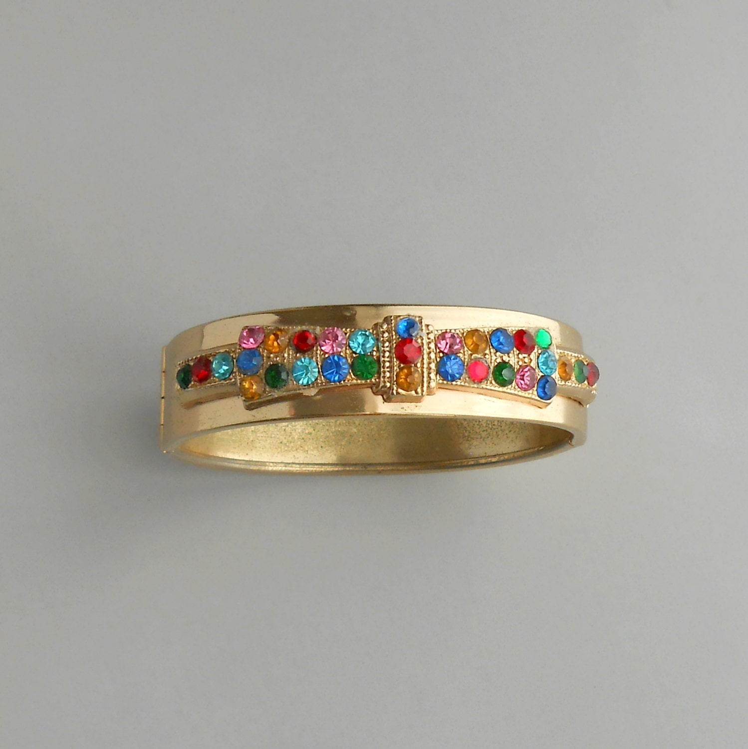 Colorful Rhinestone Bow Bangle. 1940s Clamper Bangle. Candy Colors.